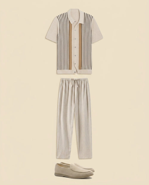Stripe Knit Shirt & Linen Trousers Set