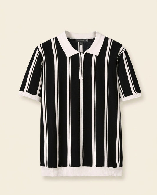 Stripe Zip Polo Shirt Black White